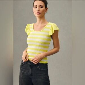 NWT Anthropologie T.La Top Stripe Yellow Flutter Sleeve Knit Ribbed Blouse XXS‎